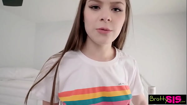 Cute Brunette Stepsister Bounces On Bed And Enjoys Fucking