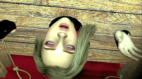 Mädchen in Holzhandschellen nimmt einen riesigen Orkschwanz